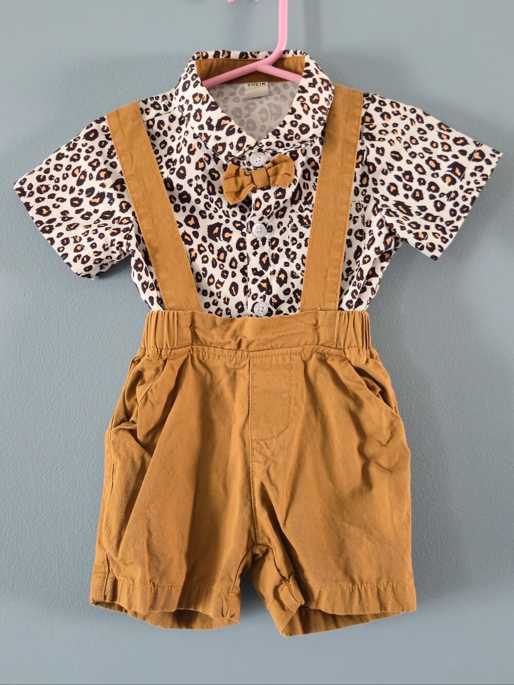 Baby Boy Suspender Shorts Set with Bow Tie - Mustard Leopard (9-12m)